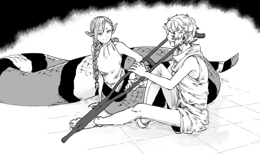 1boy, 1girl, bare_arms, bare_shoulders, barefoot, braid, braided_ponytail, braided_ponytail_lamia_(dungeon_meshi)