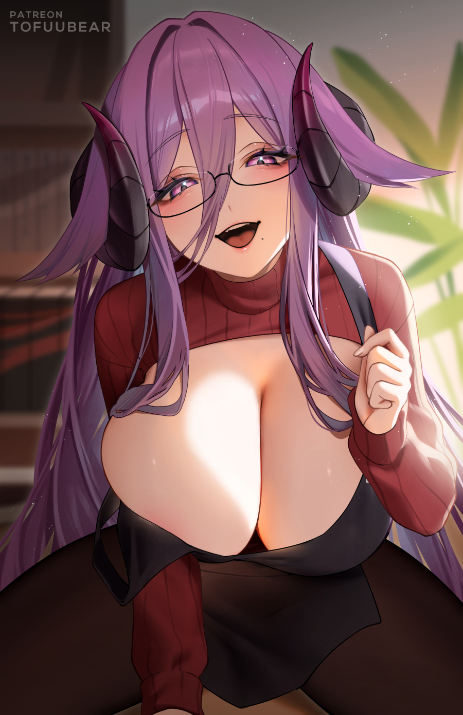 1girl, apron, azur_lane, black_apron, blush, breasts, cleavage, cleavage_cutout, clothing_cutout, curled_horns, friedrich_carl_(a_game_of_love)_(azur_lane), friedrich_carl_(azur_lane), highres, horns, large_breasts, long_hair, long_sleeves, looking_at_viewer, open_mouth, pantyhose, purple_eyes, purple_hair, red_sweater, smile, solo, sweater, thighs, tofuubear