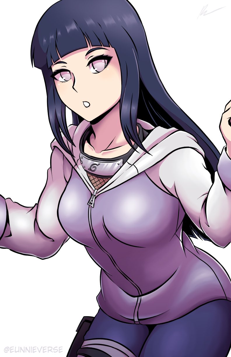 1girl, :o, blue_pants, blunt_bangs, collarbone, eunnieverse, fishnet_top, fishnets, forehead_protector, full-length_zipper, highres, hyuuga_hinata, jacket, long_hair, long_sleeves, looking_at_viewer, naruto_(series), naruto_shippuuden, no_pupils, open_mouth, pants, purple_eyes, purple_hair, purple_jacket, solo, white_background, zipper, zipper_pull_tab