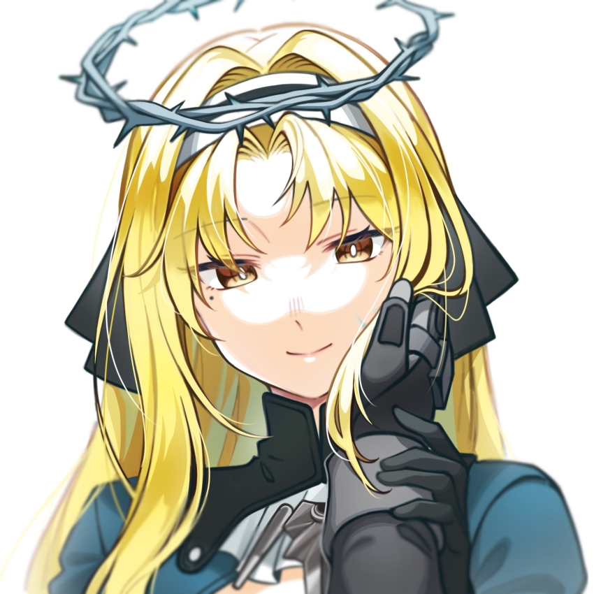 1girl, 1other, armored_gloves, bianca:_stigmata_(exorcist)_(pgr), bianca_(pgr), black_gloves, blonde_hair, blue_shirt, brown_eyes, commandant_(pgr), commentary_request, curtained_hair, facial_mark, forehead, gloves, hair_intakes, hairband, halo, hand_on_another's_cheek, hand_on_another's_face, hand_on_another's_wrist, highres, korean_commentary, looking_at_viewer, mole, mole_under_eye, myam_(123ab456c), official_alternate_costume, parted_bangs, pov, pov_hands, punishing:_gray_raven, shirt, simple_background, smile, solo_focus, spiked_halo, straight-on, upper_body, white_background, white_hairband