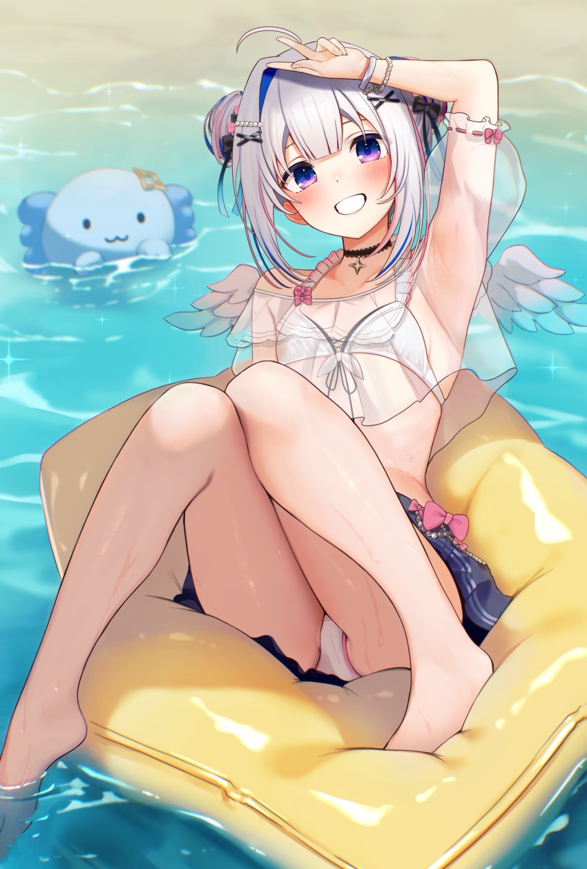 1girl, absurdres, afloat, ahoge, amane_kanata, amane_kanata_(summer), angel_wings, armpits