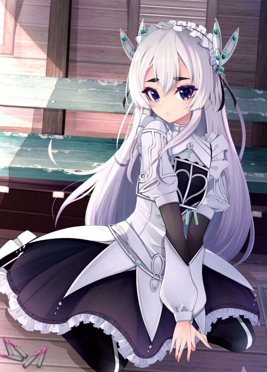 1girl, black_skirt, black_thighhighs, butterfly_hair_ornament, chaika_trabant, commentary, double-parted_bangs, dress