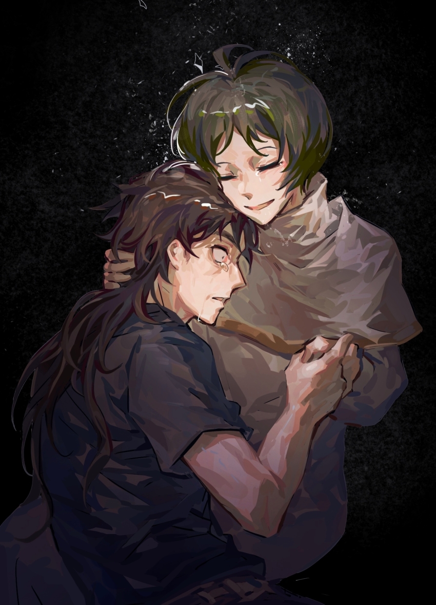 1boy, 1girl, black_shirt, brown_hair, capelet, chinese_commentary, closed_eyes, commentary_request