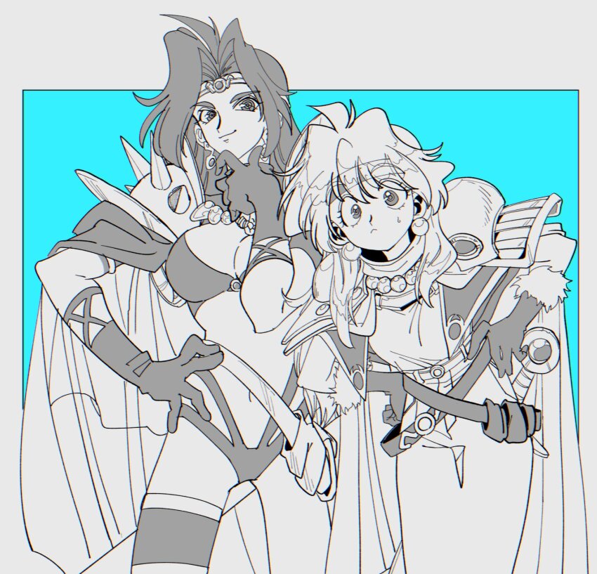 2girls, aqua_background, armor, belt, border, bra, breasts, cape, chromatic_aberration, closed_mouth, cowboy_shot, crossed_belts, curtained_hair, earrings, gloves, greyscale, greyscale_with_colored_background, hand_on_own_face, hand_on_own_hip, hands_on_own_hips, highres, jewelry, large_breasts, leaning, leaning_forward, lina_inverse, long_hair, looking_at_viewer, medium_hair, monochrome, multiple_belts, multiple_girls, naga_the_serpent, panties, parted_bangs, pauldrons, pearl_earrings, raised_eyebrows, shirt_tucked_in, shoulder_armor, slayers, smile, spiked_pauldrons, sweatdrop, swept_bangs, underwear, yo-co