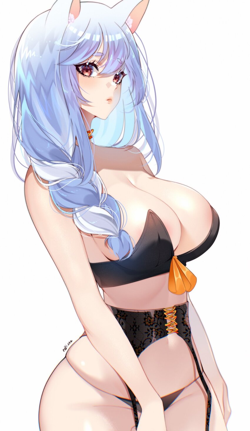 1girl, animal_ear_fluff, animal_ears, blue_hair, blush, braid, braided_ponytail, breasts