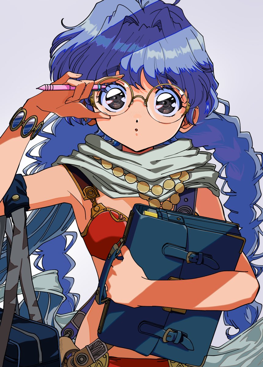 :o, adjusting_eyewear, bag, blue_bag, blue_hair, bra, bracelet, braid