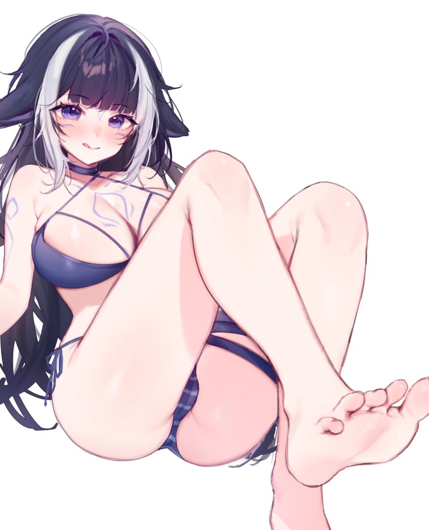 1girl, animal_ears, ass, bare_arms, bare_legs, bare_shoulders, barefoot, bikini, black_hair, blue_bikini, blue_eyes, blush, body_markings, breasts, commentary, english_commentary, facial_mark, feet, foot_focus, foreshortening, gluteal_fold, highres, indie_virtual_youtuber, knees_up, large_breasts, long_hair, miyuchiq, multicolored_hair, official_alternate_costume, orca_girl, presenting_foot, shylily, shylily_(bikini), side-tie_bikini_bottom, simple_background, sitting, soles, solo, streaked_hair, swimsuit, thighs, toes, virtual_youtuber, white_background, white_hair