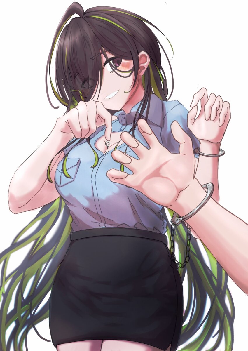 1girl, 1other, between_breasts, black_skirt, blue_shirt, blush, breasts, brown_hair