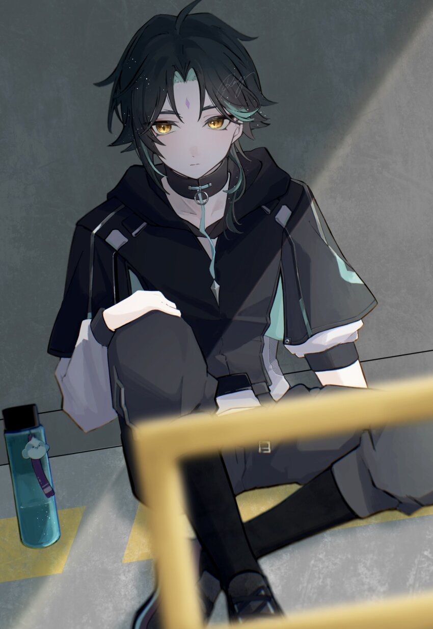 1boy, basilian_31, black_hair, black_hood, closed_mouth, facial_mark, flask, forehead_mark