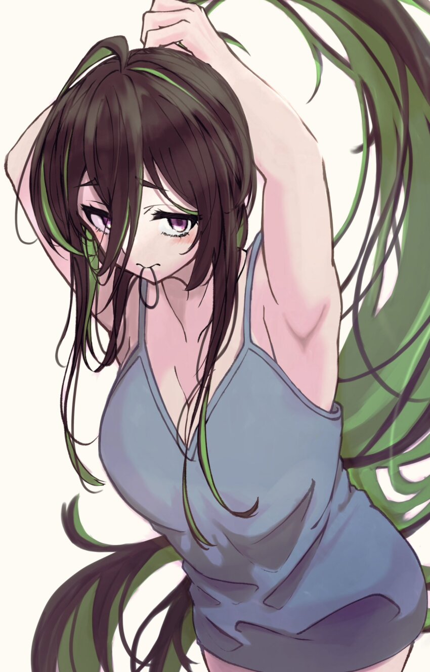 1girl, armpits, arms_up, blush, breasts, brown_hair, cleavage, colored_inner_hair