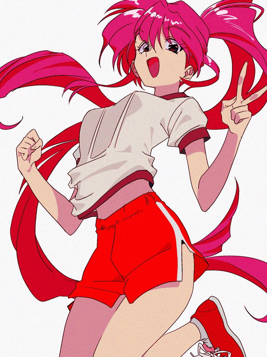 1990s_(style), 1girl, :d, bouncing_breasts, breasts, clenched_hand, dolphin_shorts, film_grain, floating_hair, hands_up, happy, high_ponytail, highres, knee_up, legs_together, long_hair, looking_at_viewer, medium_breasts, midriff_peek, open_mouth, original, pink_hair, ponytail, red_eyes, red_shoes, red_shorts, red_trim, retro_artstyle, shirt, shoes, short_shorts, short_sleeves, shorts, simple_background, smile, sneakers, solo, split_ponytail, standing, standing_on_one_leg, swept_bangs, triangle_mouth, v, very_long_hair, white_background, white_shirt, yo-co