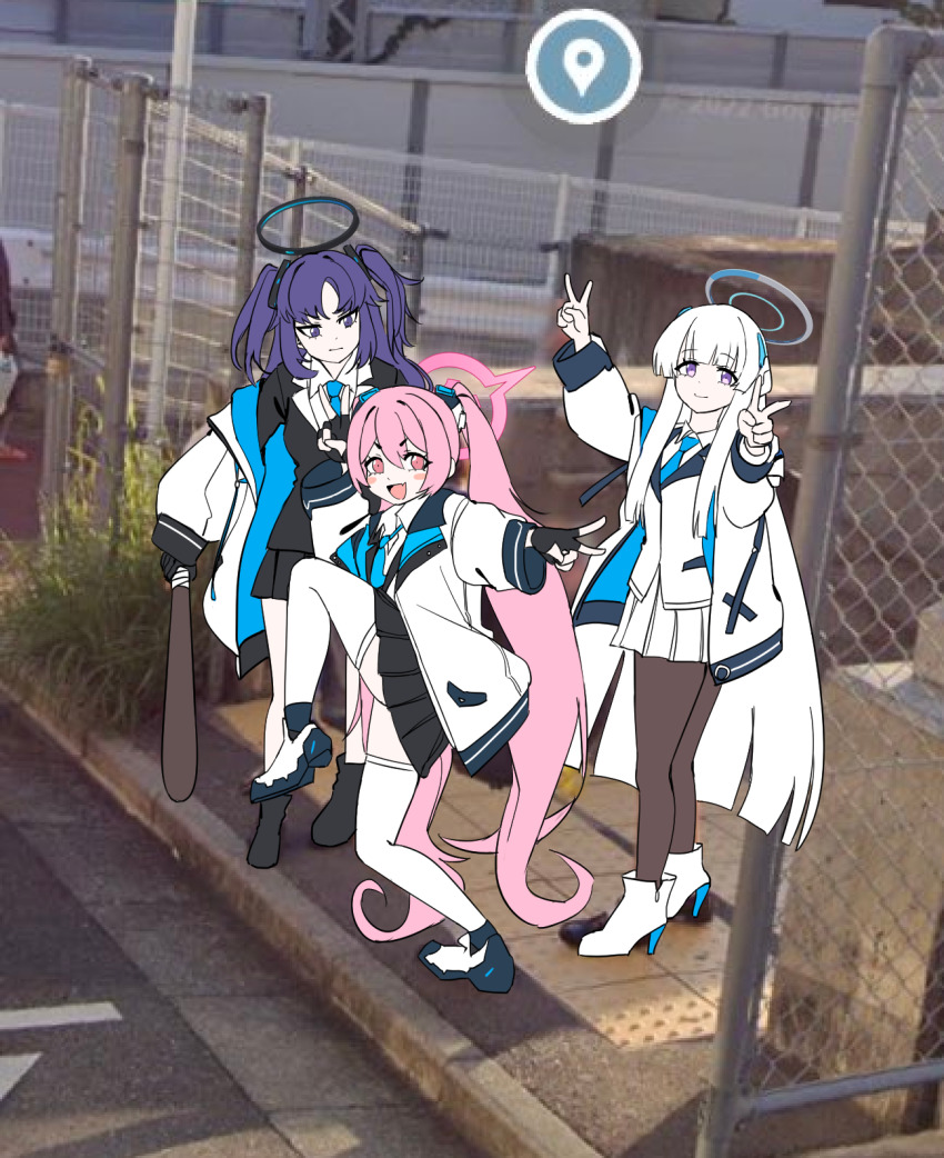 3girls, baseball_bat, blue_archive, blush_stickers, chain-link_fence, commentary_request, double_v, fang