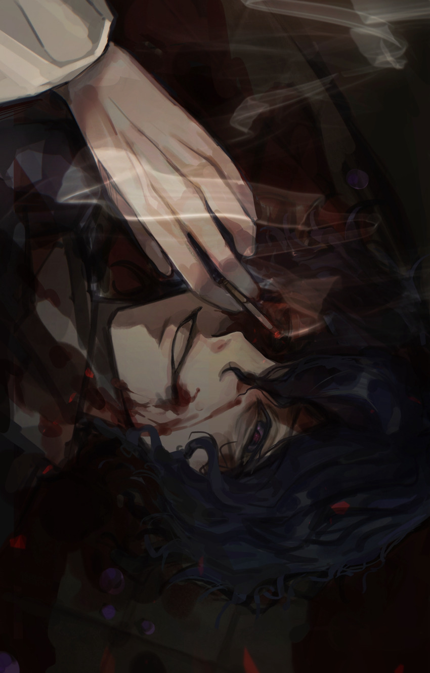 1boy, absurdres, blood, blood_on_clothes, blood_on_face, blue_hair, chinese_commentary, cigarette