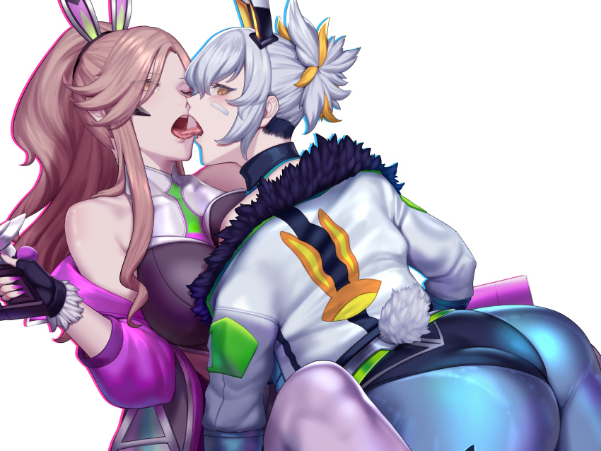 absurdres, battle_bunny_miss_fortune, battle_bunny_riven, commission, drooling, highres, kiss, kumiko_shiba