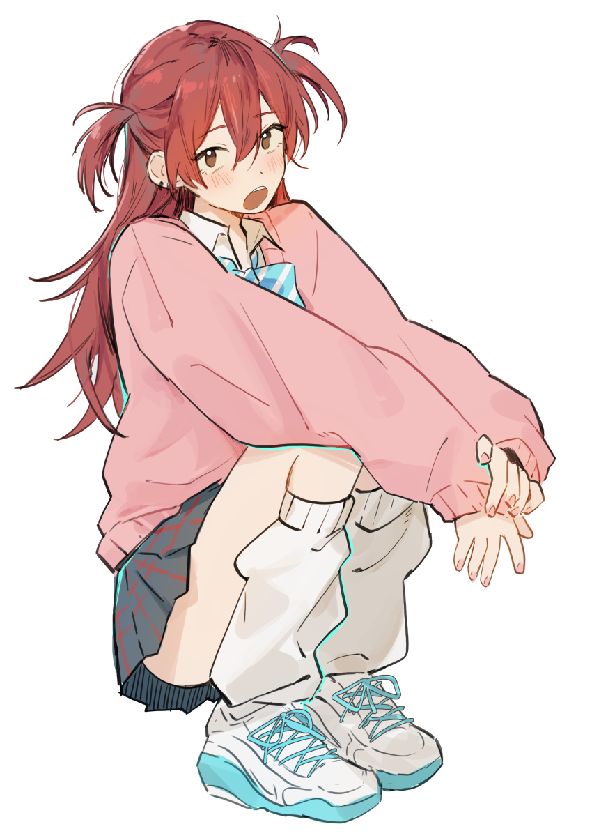 1girl, absurdres, black_skirt, blue_bow, blue_bowtie, blush, bow, bowtie