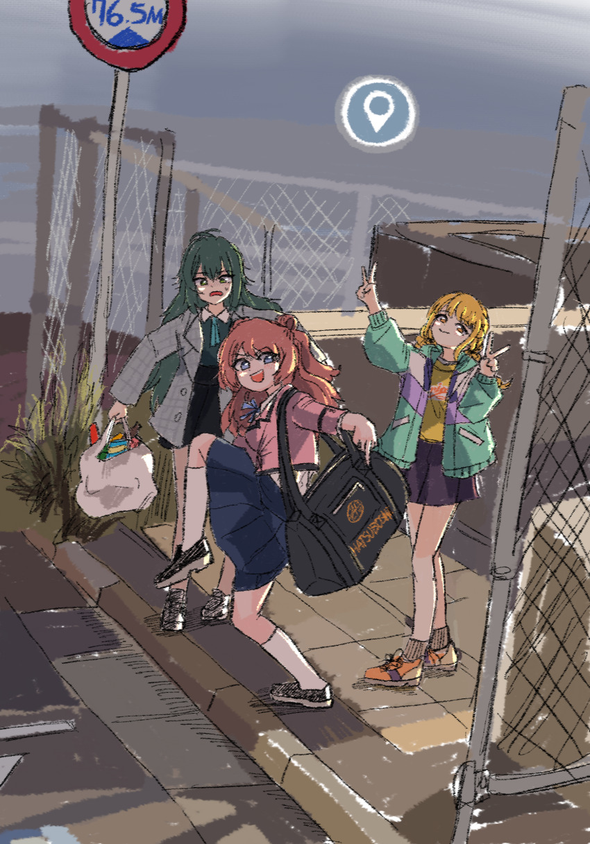 3girls, aromdami, bag, blonde_hair, blue_skirt, blush, brown_hair, double_v, fujita_kotone, full_body, gakuen_idolmaster, google_maps, green_hair, hanami_saki, hatsuboshi_gakuen_school_uniform, high_school_girls_posing_for_google_street_view_(meme), highres, holding, holding_bag, idolmaster, long_hair, looking_at_viewer, meme, multiple_girls, photo-referenced, plastic_bag, school_uniform, skirt, smile, standing, standing_on_one_leg, tsukimura_temari, v