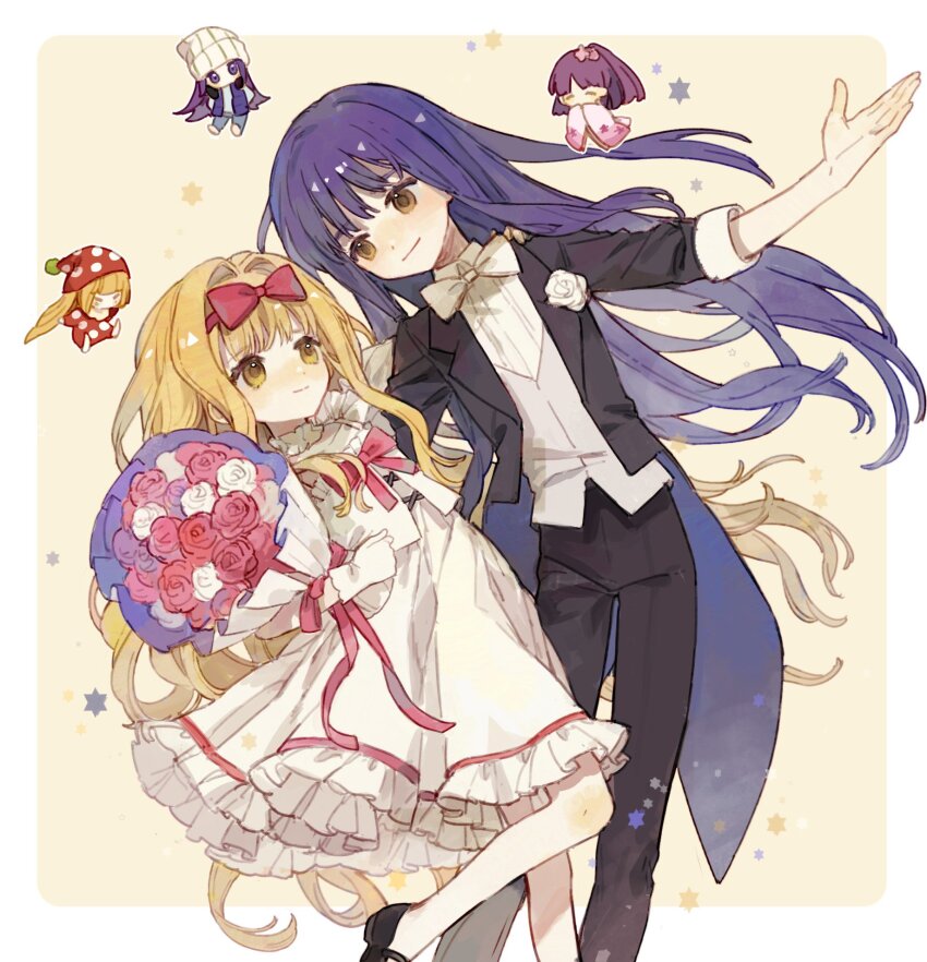 1boy, 1girl, asterisk_(symbol), bacheally, black_footwear, black_jacket, black_pants, blonde_hair