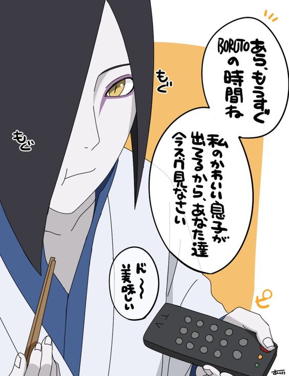 black_hair, boruto:_naruto_next_generations, chopsticks, controller, eating, eyeliner, hair_over_one_eye, holding, holding_chopsticks, holding_controller, holding_remote_control, japanese_clothes, japanese_text, kimono, looking_at_viewer, makeup, male_focus, naruto_(series), orochimaru_(naruto), pale_skin, remote_control, slit_pupils, solo, speech_bubble, sunsisunsun, translated, yellow_eyes
