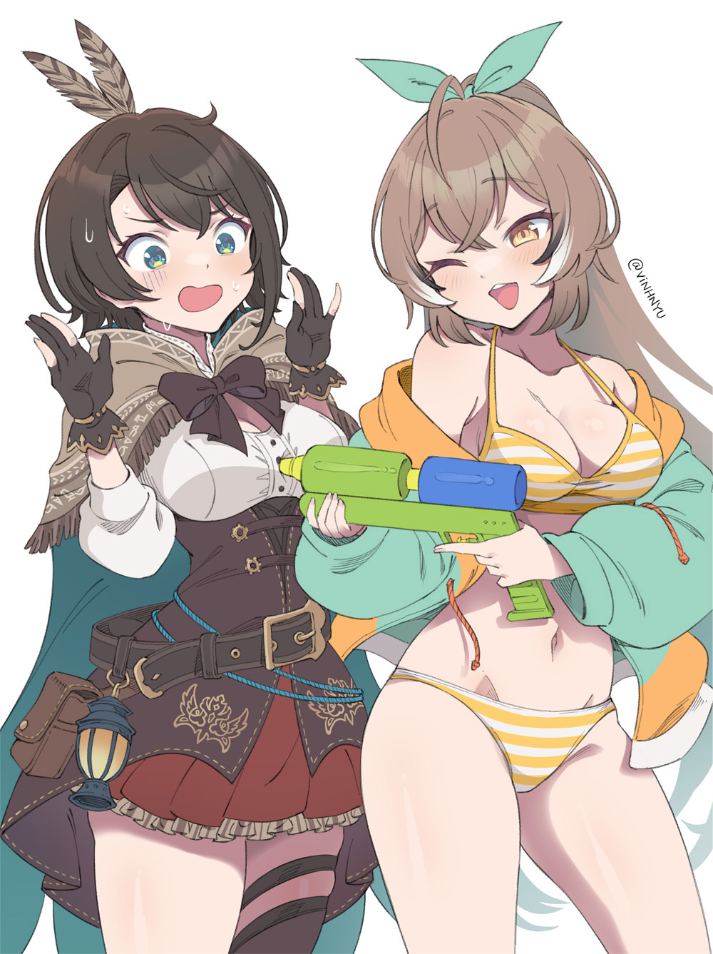 2girls, ahoge, aiming, aqua_eyes, asymmetrical_legwear, at_gunpoint, belt, bikini, black_belt, black_gloves, black_hair, bow, breasts, brown_cloak, brown_corset, brown_eyes, brown_hair, brown_thighhighs, cape, cleavage, cleavage_cutout, cloak, clothing_cutout, commentary, contrapposto, corset, cosplay, costume_switch, crossed_bangs, double-parted_bangs, english_commentary, feather_hair_ornament, feathers, frilled_skirt, frills, gloves, green_bow, green_cape, green_jacket, hair_between_eyes, hair_bow, hair_ornament, halterneck, hands_up, highres, holding, holding_water_gun, hololive, hololive_english, hood, hooded_jacket, jacket, knees_out_of_frame, lantern, leather_belt, long_hair, long_sleeves, medium_breasts, midriff, miniskirt, multicolored_hair, multicolored_jacket, multiple_girls, nanashi_mumei, nanashi_mumei_(1st_costume), nanashi_mumei_(cosplay), navel, nervous_sweating, off_shoulder, official_alternate_costume, one_eye_closed, oozora_subaru, oozora_subaru_(cosplay), oozora_subaru_(hololive_summer_2019), open_mouth, partially_fingerless_gloves, pleated_skirt, pouch, red_skirt, shirt, short_hair, single_thighhigh, skirt, standing, streaked_hair, striped_bikini, striped_clothes, sweat, swept_bangs, swimsuit, teeth, thighhighs, twitter_username, two-sided_cape, two-sided_fabric, two-tone_jacket, upper_teeth_only, very_long_hair, vinhnyu, virtual_youtuber, water_gun, white_background, white_hair, white_shirt, yellow_bikini, yellow_jacket