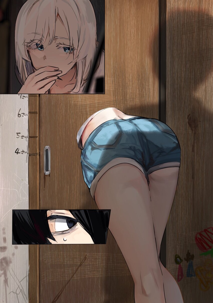 1boy, 1girl, 303_goushitsu_no_kamisama, ass, black_hair, blue_eyes, child's_drawing, commentary_request, covering_own_mouth, crop_top, denim, denim_shorts, funi_mu9, head_out_of_frame, height_mark, highres, inset, intangible, kami-sama_(303_goushitsu_no_kamisama), legs, lower, midriff, pov, shadow, shirt, short_hair, short_shorts, shorts, sideways_glance, stuck, through_door, white_hair, white_shirt, wooden_door