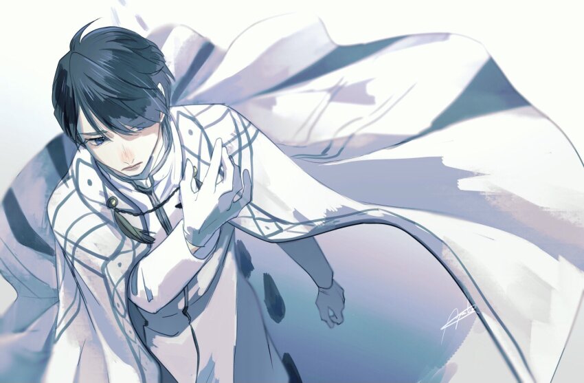 1boy, alternate_costume, black_hair, blue_eyes, cape, fenix_uniform, gloves, kadota_hiromi