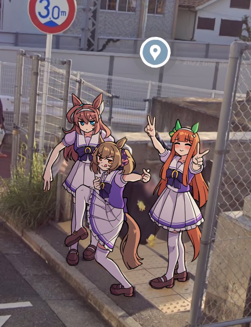 3girls, animal_ears, blue_eyes, brown_hair, ear_covers, full_body, high_school_girls_posing_for_google_street_view_(meme), horse_ears