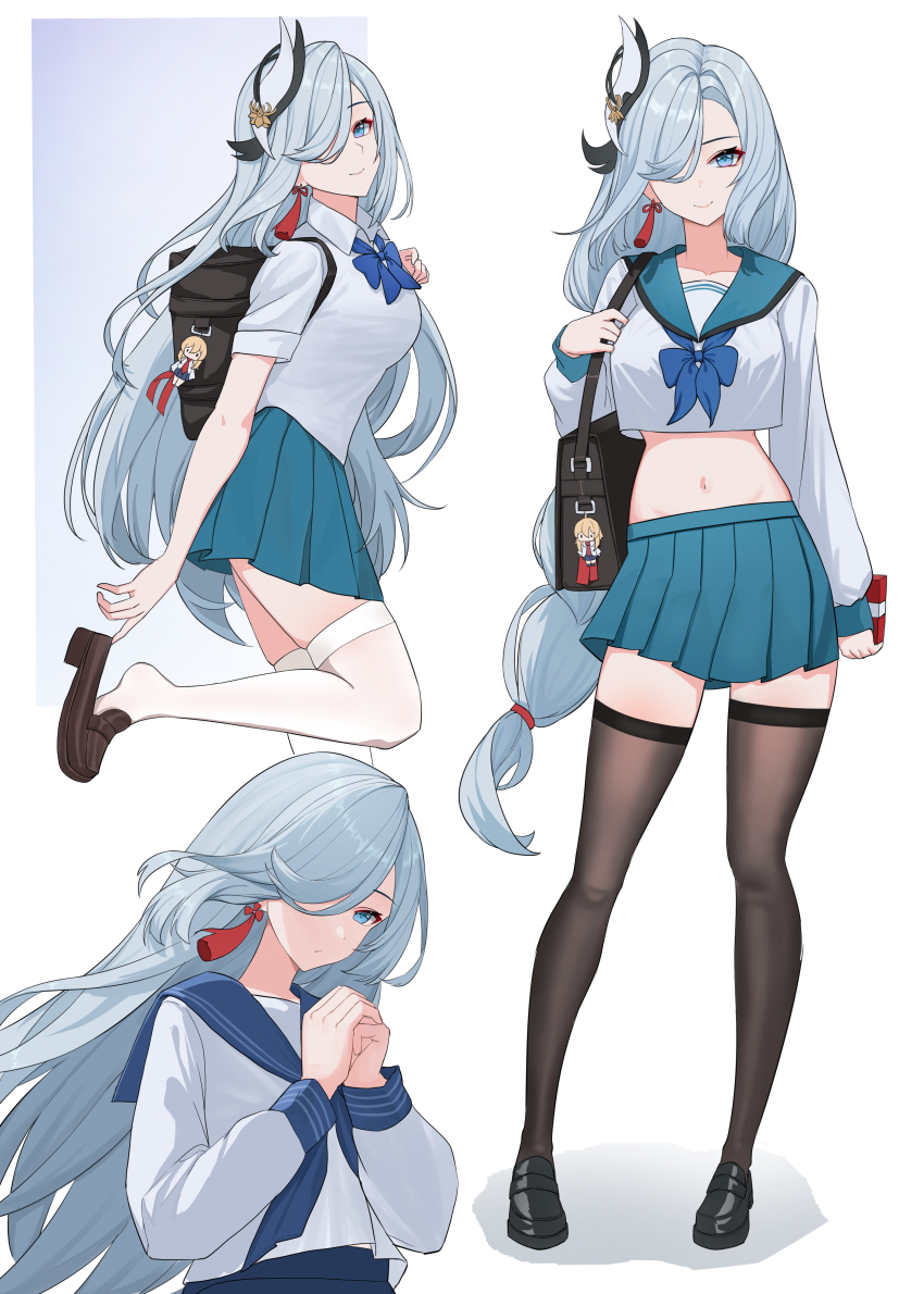 1girl, absurdres, adjusting_footwear, alternate_costume, aqua_sailor_collar, aqua_skirt, bag, black_bag