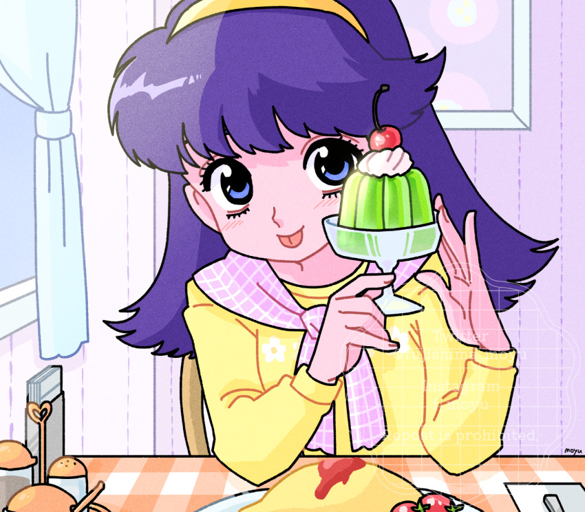 1girl, blue_eyes, cherry, cherry_tomato, colored_skin, curtains, eyelashes, food