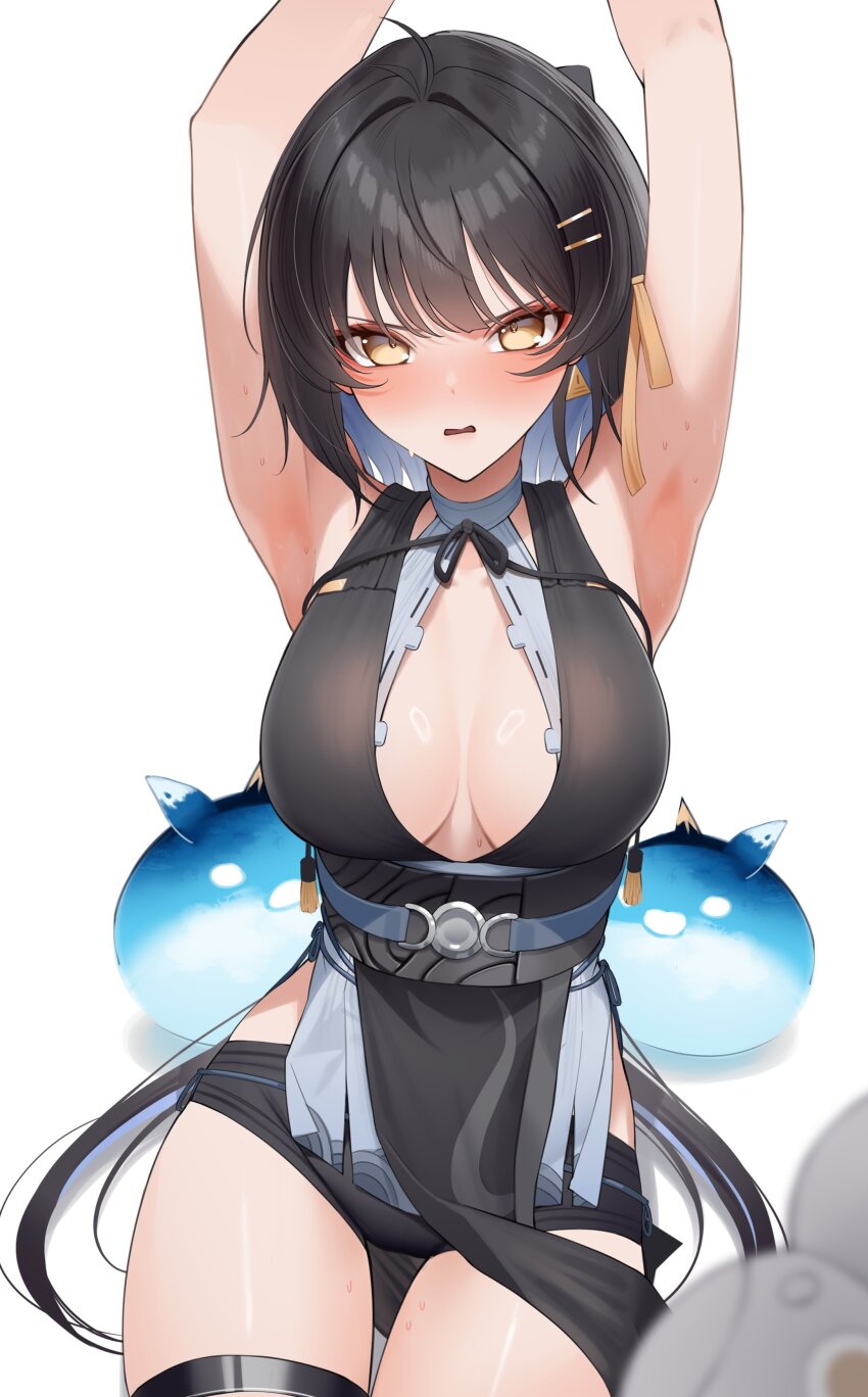 1girl, absurdres, ahoge, armpits, arms_up, black_dress, black_hair, black_shorts, blush, breasts, center_opening, cleavage, commentary, dress, earrings, female_rover_(wuthering_waves), hair_intakes, hair_ornament, hairclip, highres, jewelry, large_breasts, looking_at_viewer, open_mouth, pelvic_curtain, rover_(wuthering_waves), shorts, sitting, solo, untranslatable_commentary, thigh_strap, thighs, vaughnilla, wuthering_waves, yellow_eyes