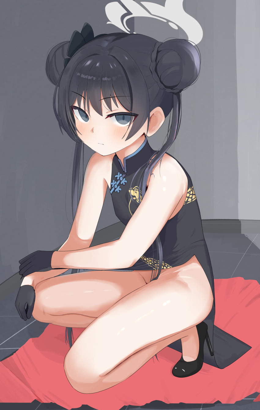 1girl, absurdres, awai_chitose, black_dress, black_eyes, black_gloves, black_hair, black_shoes, blue_archive, blush, china_dress, chinese_clothes, commentary, dragon_print, dress, gloves, grey_halo, halo, highres, kisaki_(blue_archive), long_hair, pelvic_curtain, print_dress, shoes, solo, squatting, thighs, twintails