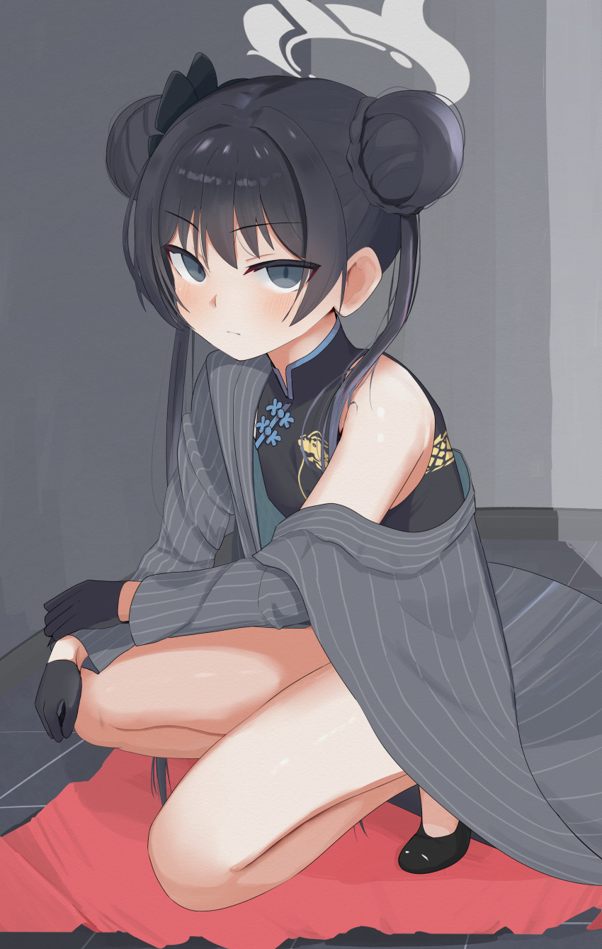 1girl, absurdres, awai_chitose, black_dress, black_eyes, black_gloves, black_hair, black_shoes