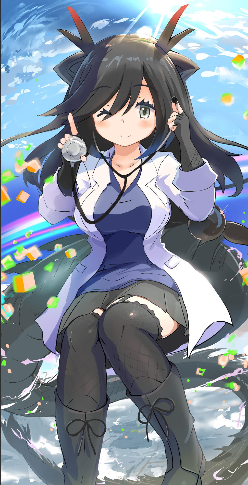 1girl, animal_ears, black_dragon_(kemono_friends), black_hair, blue_hair, blush, breasts, coat