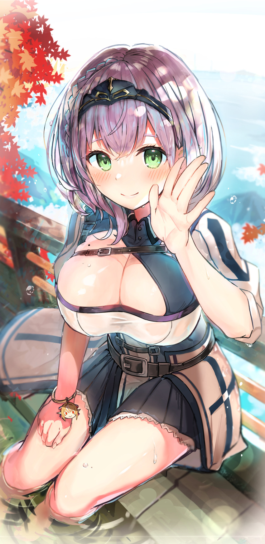 1girl, absurdres, autumn_leaves, belt, black_belt, black_shirt, black_skirt, blush