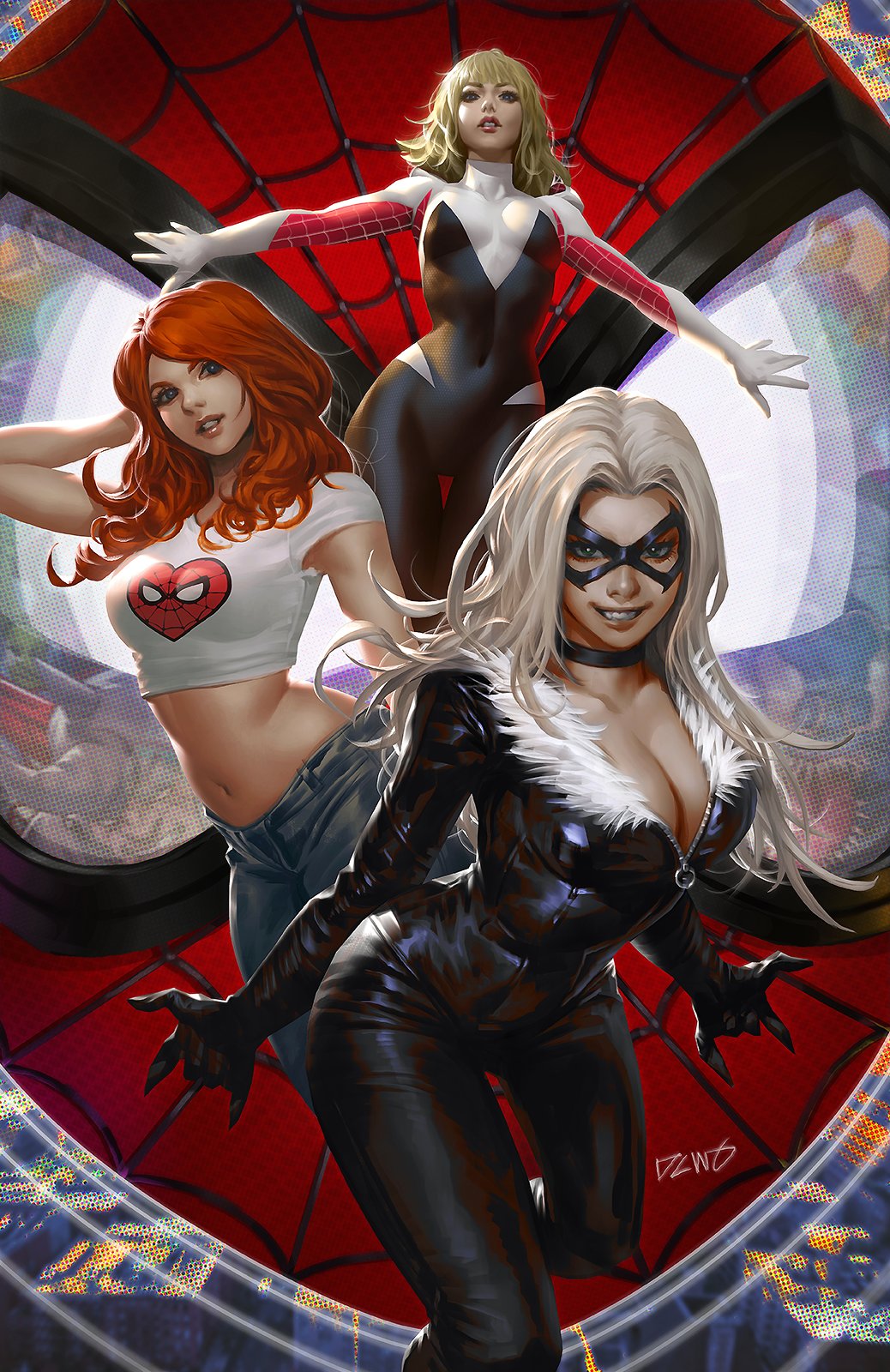 3girls, black_bodysuit, black_cat_(marvel), black_choker, black_mask, blonde_hair, blue_eyes, bodysuit, breasts, choker, cleavage, crop_top, dcwj, denim, domino_mask, eye_mask, felicia_hardy, fur_trim, green_eyes, grin, gwen_stacy, highres, jeans, large_breasts, long_hair, looking_at_viewer, marvel, mary_jane_watson, mask, medium_breasts, multicolored_bodysuit, multiple_girls, navel, orange_hair, pants, pink_bodysuit, print_shirt, shirt, short_sleeves, signature, smile, spider-gwen, spider-man_(series), spider-man_logo, white_bodysuit, white_hair, white_shirt