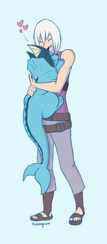 belt, blue_background, brown_belt, cuddling_animal, gen_1_pokemon, grey_pants, happy, heart