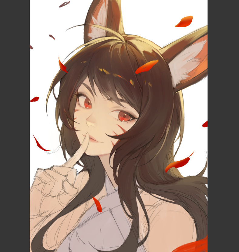 1girl, ahri_(league_of_legends), animal_ear_fluff, animal_ears, closed_mouth, facial_mark, finger_to_mouth, fox_ears