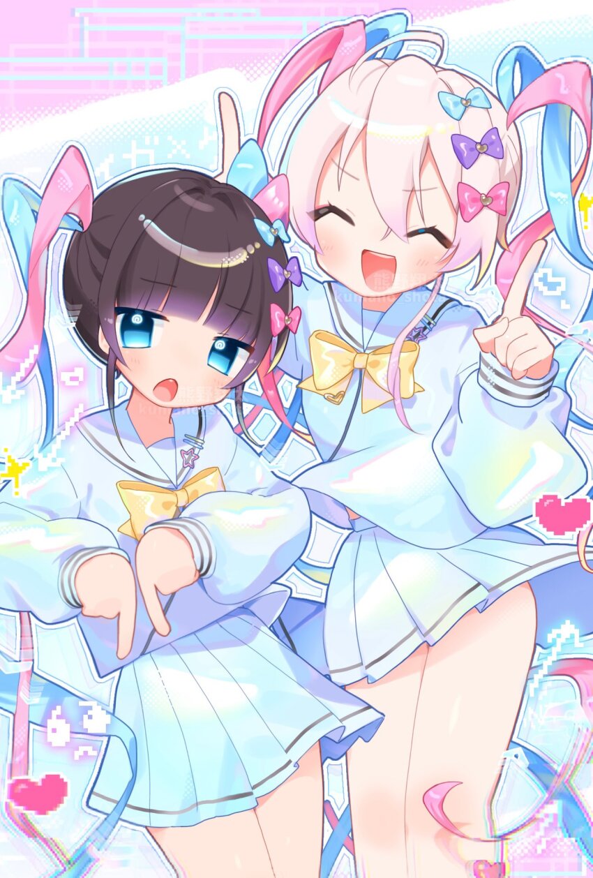 2girls, :d, ^_^, blonde_hair, blue_bow, blue_eyes, blue_hair, blue_serafuku