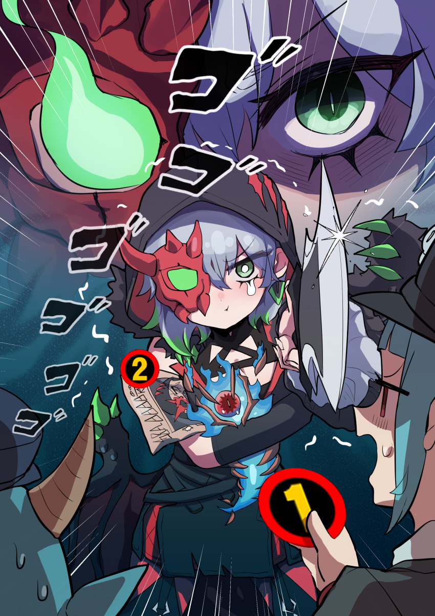 2girls, :t, absurdres, beat_cop_from_the_underworld, breasts, c_civciv, cleavage, commentary_request, detached_sleeves, diabellstar_the_black_witch, dress, duel_monster, gloves, green_eyes, green_hair, grey_hair, half_mask, hat, highres, holding, holding_knife, hood, hood_up, knife, large_breasts, mask, medium_hair, multicolored_hair, multiple_girls, open_mouth, pointing_melee_weapon, police, pout, red_eyes, red_mask, short_hair, single_detached_sleeve, single_glove, single_sleeve, snake-eye_ash, tears, trembling, wanted:_seeker_of_sinful_spoils, yu-gi-oh!, yu-gi-oh!_master_duel