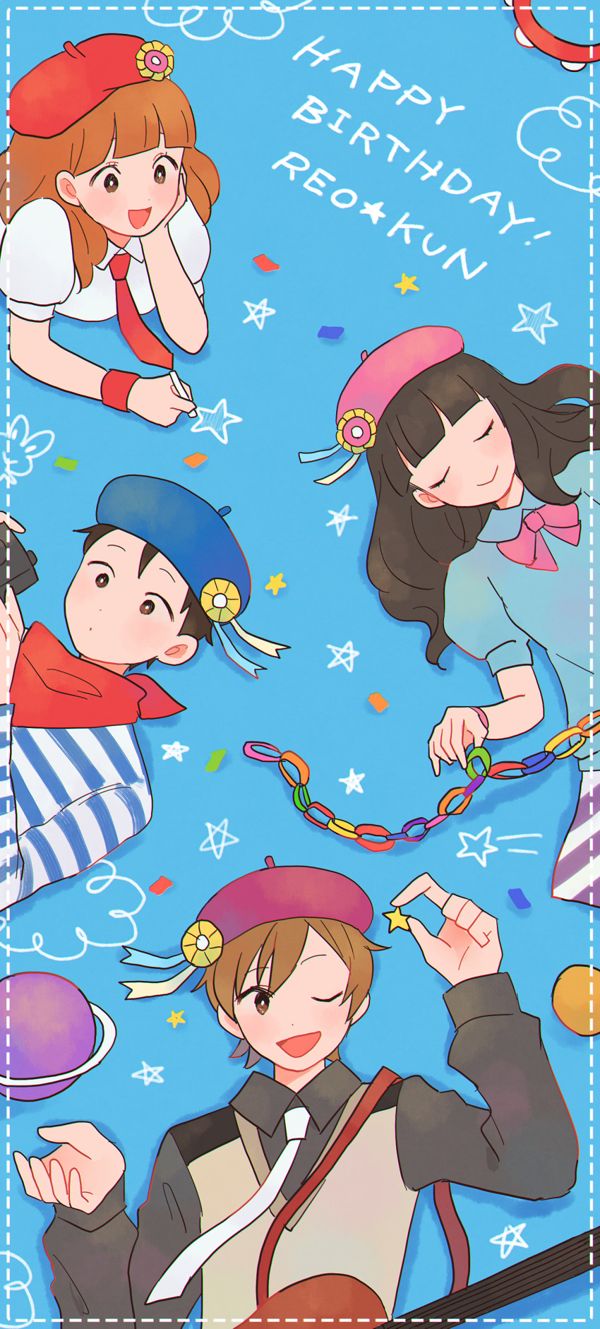 2boys, 2girls, absurdres, bandana, bemani, beret, black_eyes, black_hair