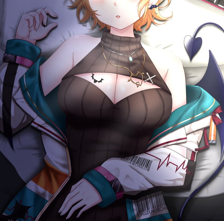 1girl, barcode, bare_shoulders, black_sweater, black_wings, blush, breasts, character_name