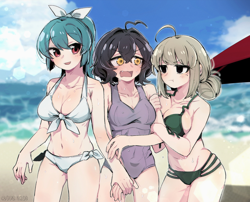 3girls, :t, ahoge, an_sin, araga_kiwi, arm_hug, beach, bikini
