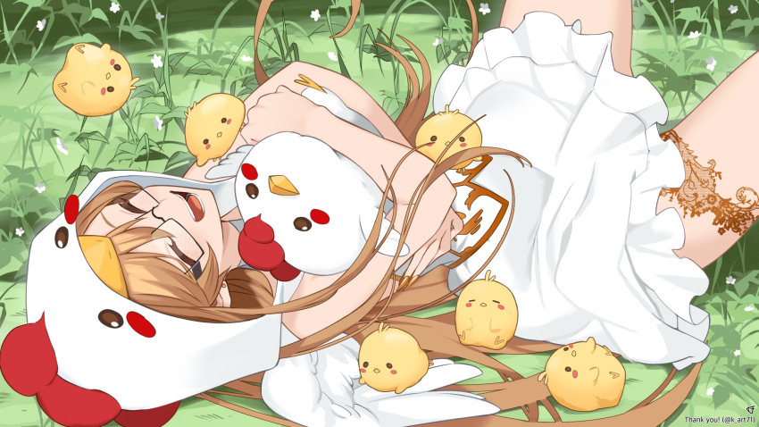 1girl, animal, animal_hood, arin_chickinn, baby_animal, bare_arms, bird, blush_stickers