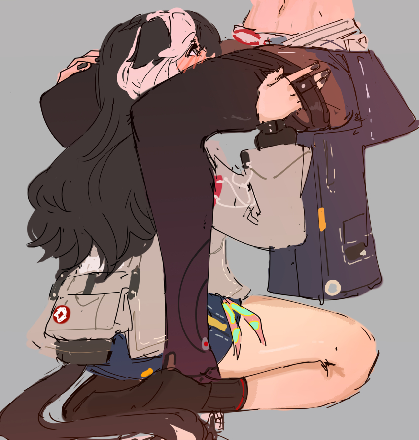 2girls, absurdres, animal_ears, ass, bird_tail, black_hair, black_nails, blush, brown_hair, cellysticks, coralie_6626_planck, coralie_6626_planck_(valkyrie_blastmetal), dog_girl, dog_tail, erdos_helia, erdos_helia_(valkyrie_boltstorm), grey_background, hand_on_another's_head, highres, honkai_(series), honkai_impact_3rd, hug, jacket, long_hair, long_sleeves, looking_at_another, multicolored_hair, multiple_girls, nail_polish, navel, pantyhose, pink_hair, shorts, simple_background, sitting, skirt, socks, tail, two-tone_hair, white_hair, yuri