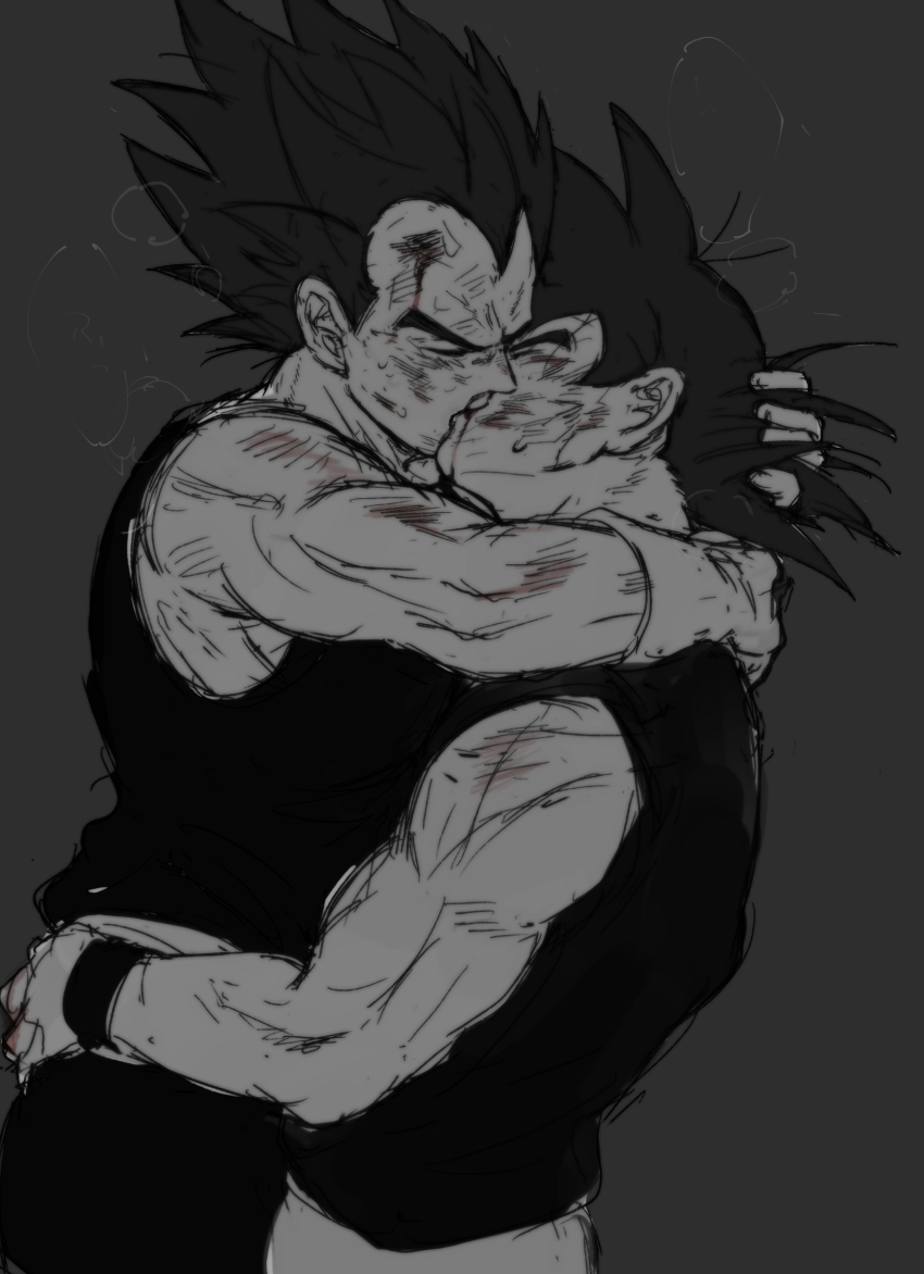 2boys, after_battle, bara, blood, blood_on_face, couple, cowboy_shot, dragon_ball, dragonball_z, foreplay, french_kiss, from_side, greyscale, hand_in_another's_hair, heavy_breathing, highres, kiss, lifting_person, male_focus, mamefuku_(mamedehuku), monochrome, multiple_boys, muscular, muscular_male, profile, son_goku, standing, thick_eyebrows, unfinished, vegeta, yaoi