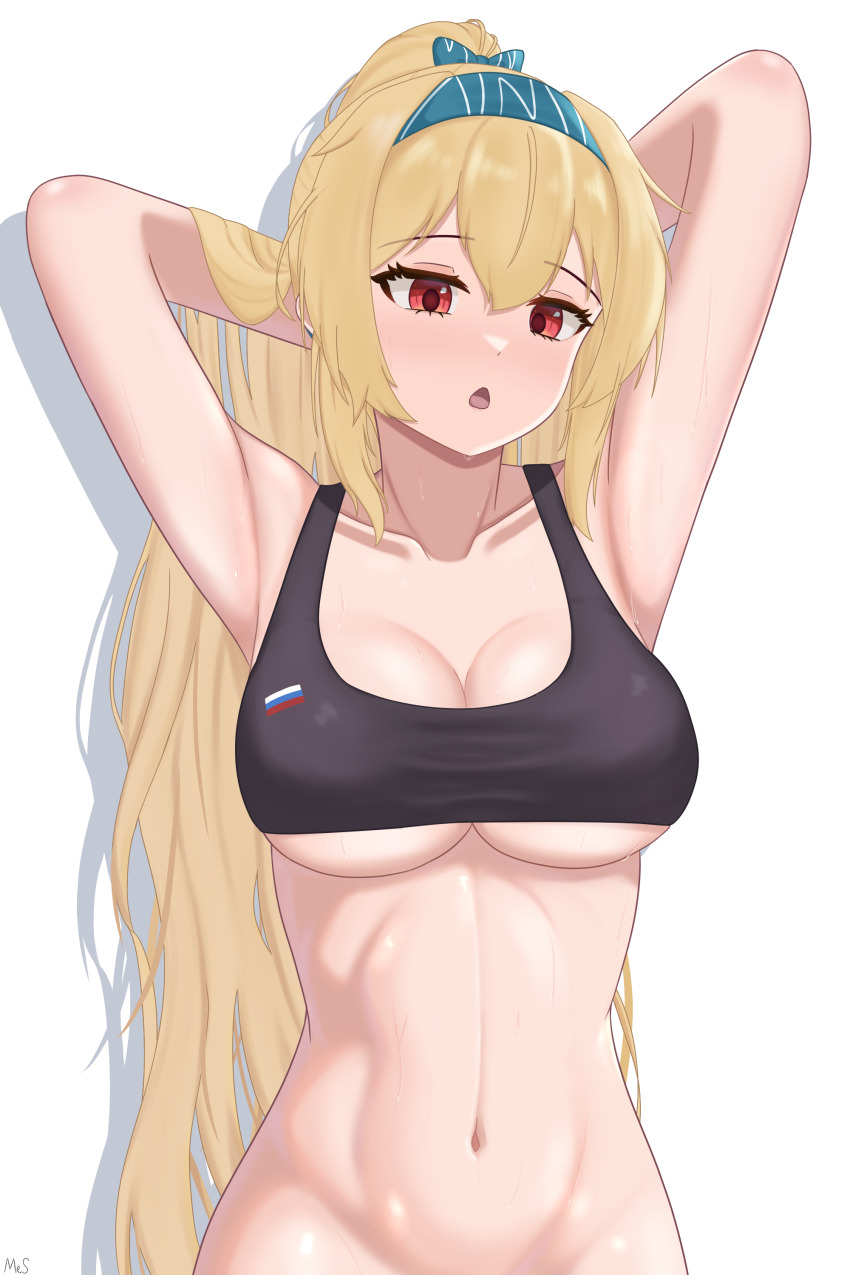 1girl, absurdres, armpits, arms_behind_head, arms_up, blonde_hair, bottomless, breasts, chestnut_mouth, girls'_frontline, hairband, highres, long_hair, mr.something, navel, open_mouth, presenting_armpit, red_eyes, solo, sv-98_(girls'_frontline), tank_top