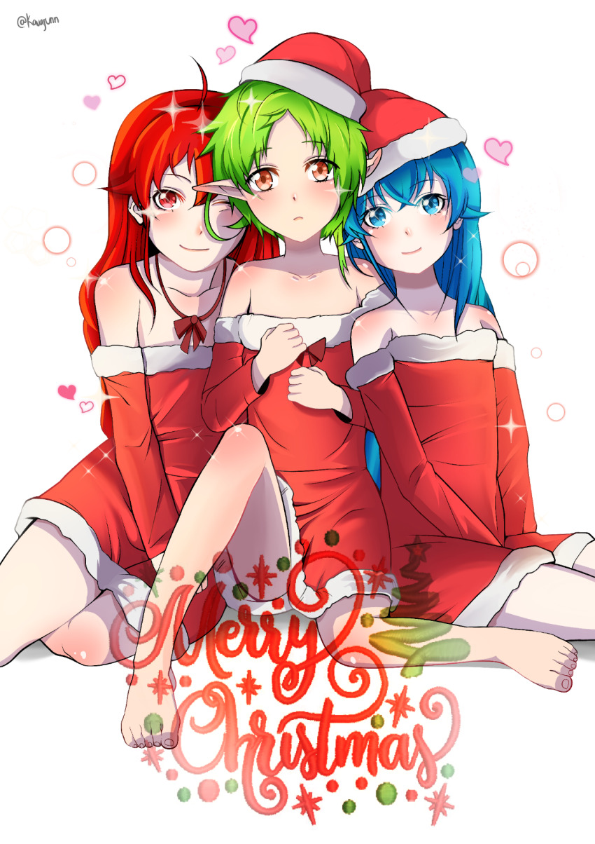 3girls, bare_legs, barefoot, blue_eyes, blue_hair, closed_mouth, collarbone, detached_sleeves, dress, elf, eris_greyrat, feet, female_focus, green_hair, hat, heart, highres, kavajunn, knee_up, long_hair, looking_at_viewer, merry_christmas, multiple_girls, mushoku_tensei, neck_ribbon, pointy_ears, red_eyes, red_hair, red_ribbon, ribbon, roxy_migurdia, santa_costume, santa_dress, santa_hat, short_hair, smile, strapless, strapless_dress, sylphiette_(mushoku_tensei), toes