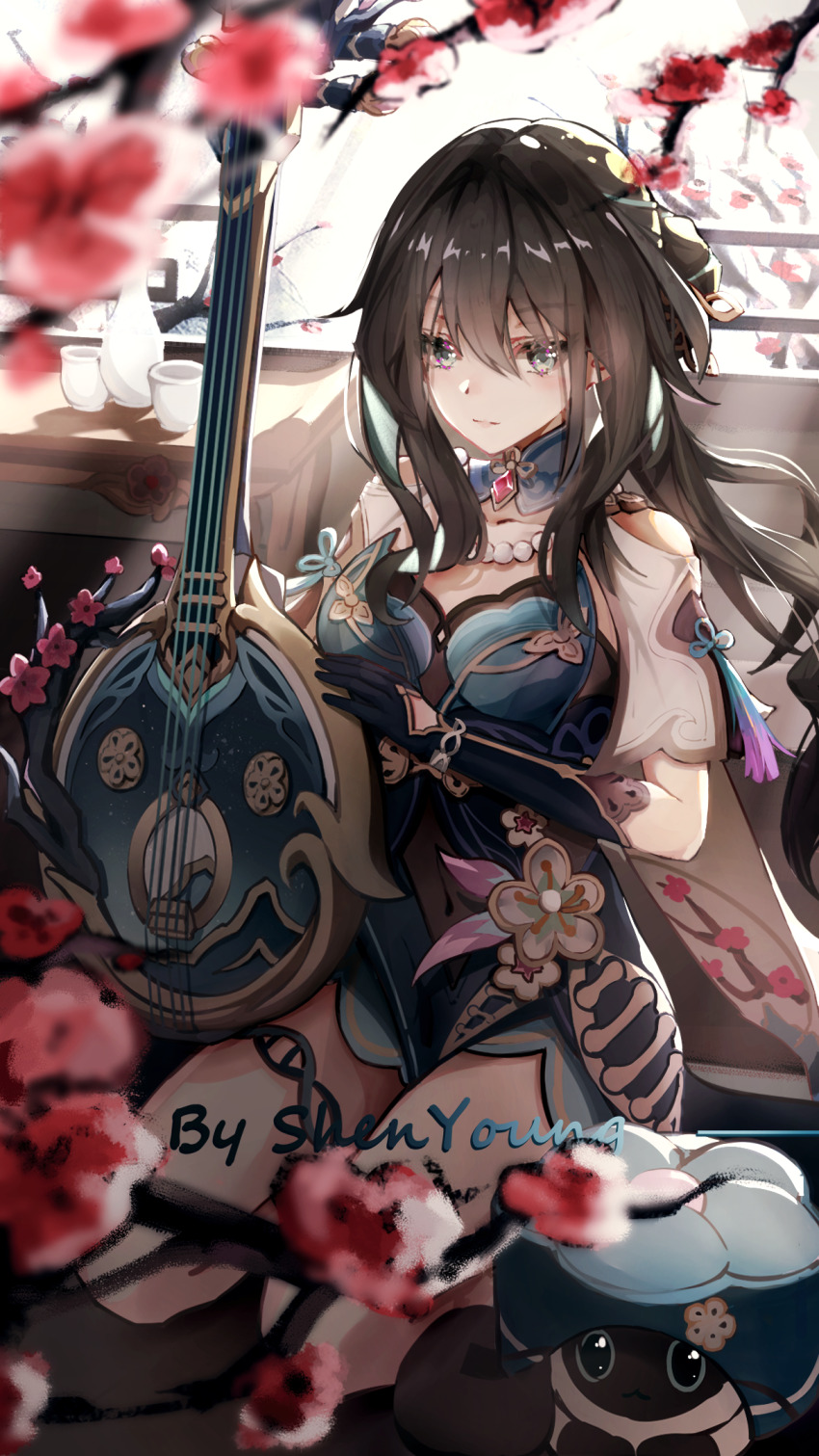 1girl, animalization, black_gloves, black_hair, blue_dress, blurry, blurry_foreground, breasts