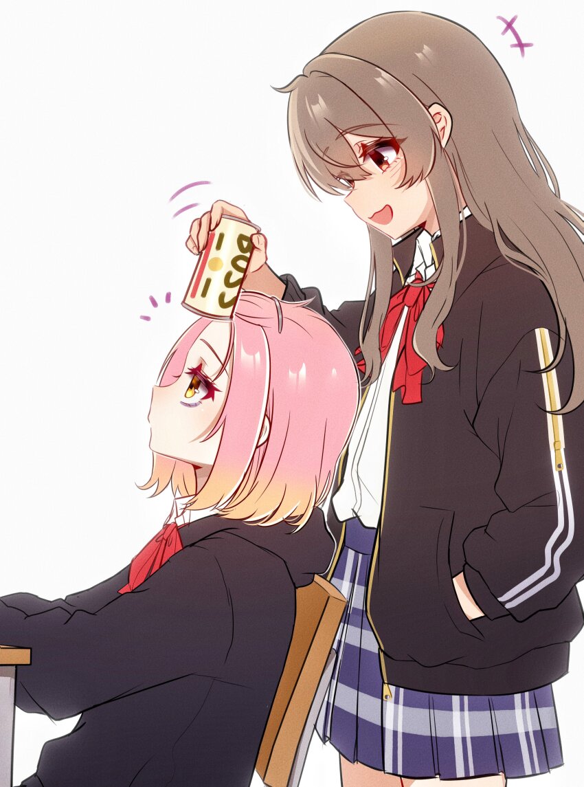 2girls, :3, :d, absurdres, bags_under_eyes, bangs_pinned_back, black_hoodie, black_jacket, blue_skirt, bow, bowtie, brown_eyes, brown_hair, can, can_to_forehead, chair, checkered_clothes, checkered_skirt, d4dj, highres, holding, holding_can, hood, hoodie, inuyose_shinobu, jacket, medium_hair, multicolored_hair, multiple_girls, open_clothes, open_jacket, open_mouth, orange_hair, pink_hair, red_bow, red_bowtie, royyy999, school_uniform, shirt, sitting, skirt, smile, standing, striped_sleeves, surprised, white_shirt, yamate_kyouko, yellow_eyes