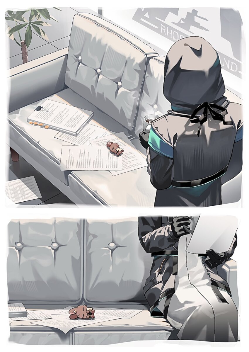 1other, ambiguous_gender, arknights, binder_clip, black_coat, black_gloves, border, coat