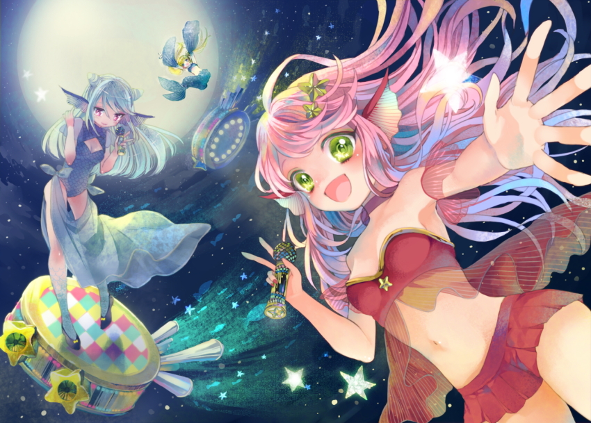 3girls, :d, blue_hair, dress, fins, green_eyes, green_hair, hair_ornament